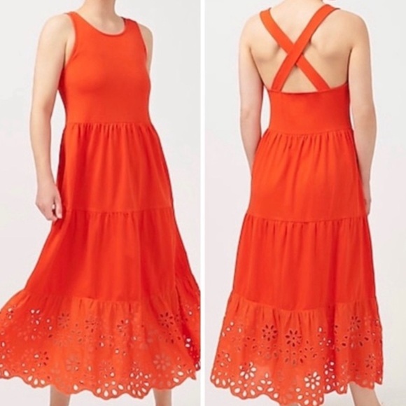 J. Crew Dresses & Skirts - J. Crew Tiered Knit Maxi Sun Tank Dress Eyelet Trim Cotton Orange Size XXS